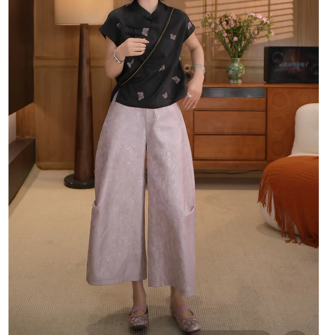 2025s女夏原创金丝线提花高定重肌理显瘦阔腿八分裤YM1656休闲裤