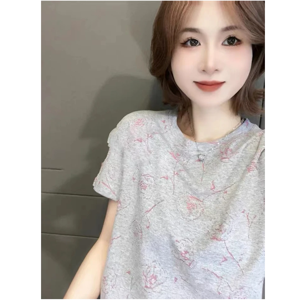 时尚夏季欧惑女装短袖纯棉上衣T恤t恤套头印花圆领半袖减龄显瘦