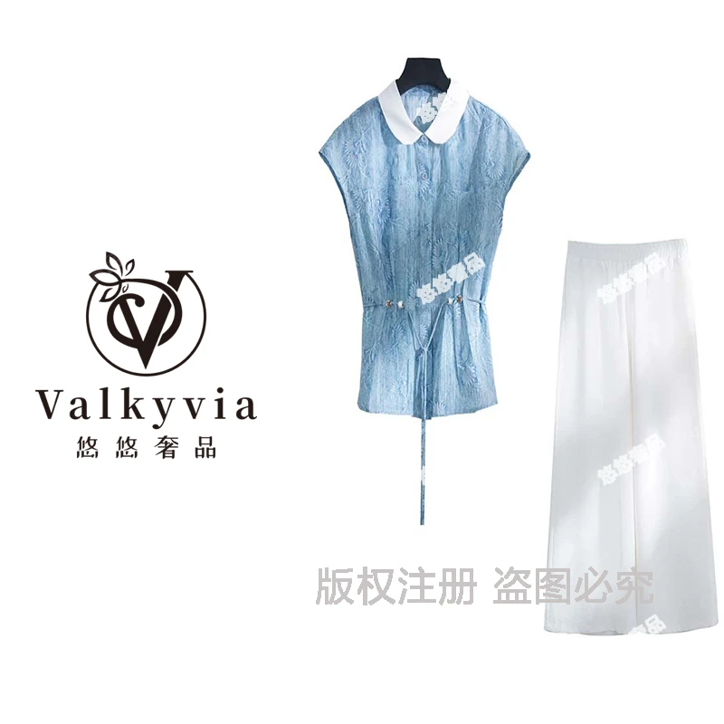 A【两件套】【有里布】2025新款时尚简约翻领小衫阔腿裤两件套D2786