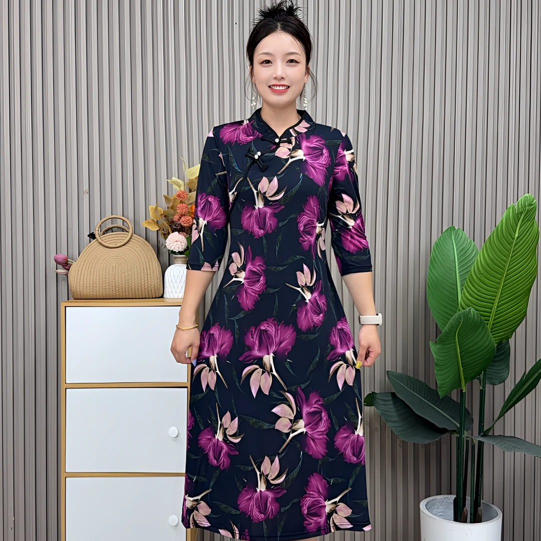 中老年妈妈装复古印花新中式旗袍连衣裙气质显瘦碎花中袖长裙子