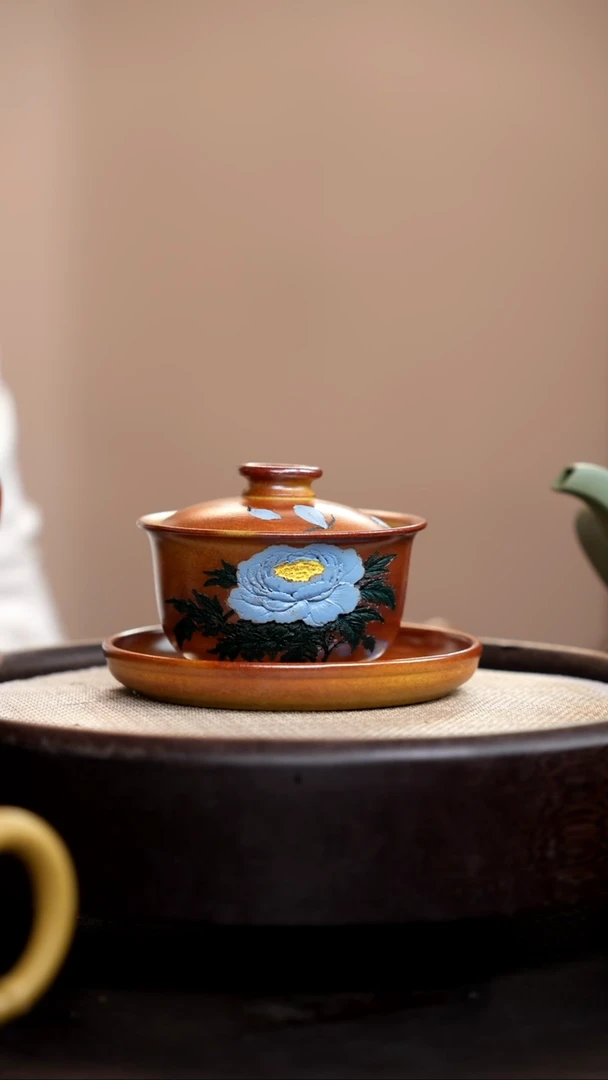 茶壶紫砂柴烧蓝牡丹三才盖碗