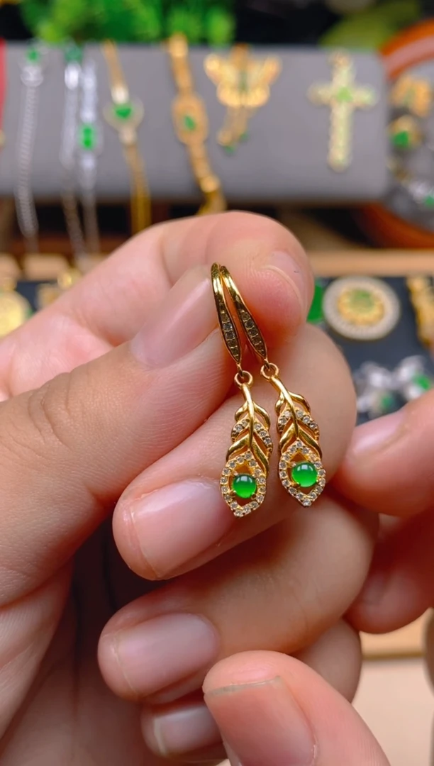 银S925镶嵌翡翠耳饰羽毛耳钉