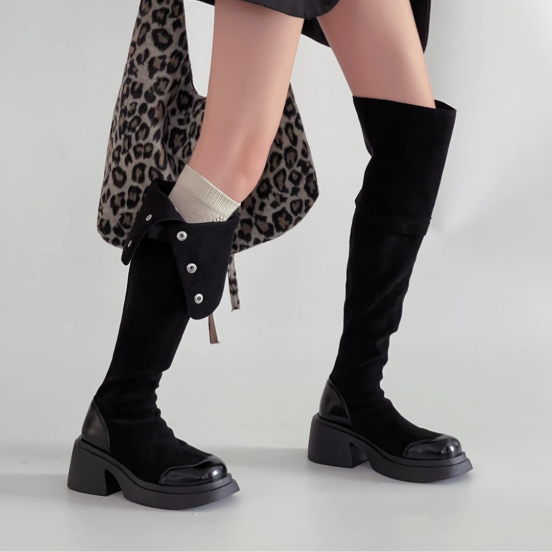 OJRZ时尚舒适简约圆头粗跟长筒靴女2025冬季新搭扣厚底显瘦过膝靴