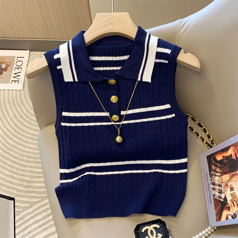 藏青色Polo领无袖背心女夏季2025新款韩版学院风盐系穿搭短款上衣