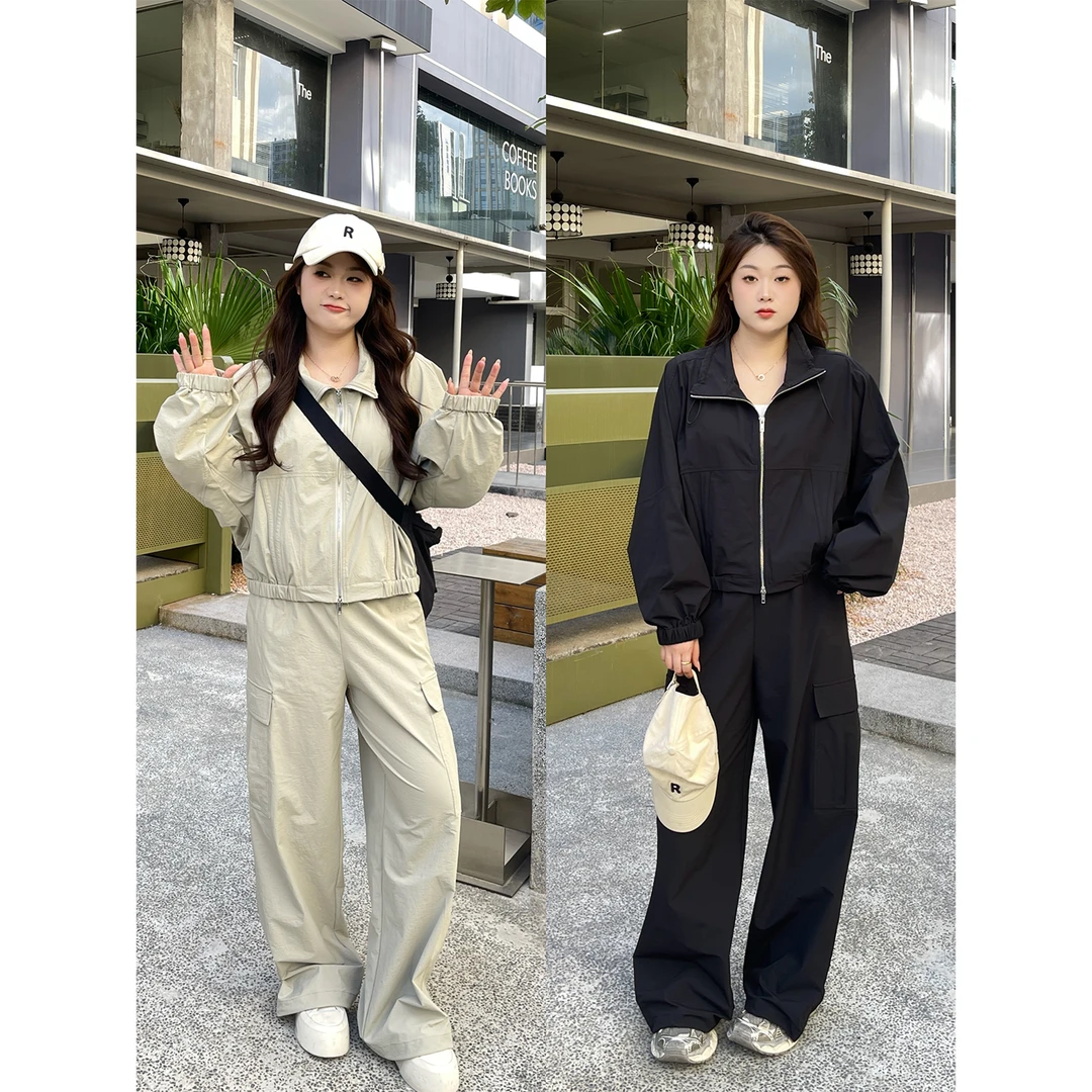 裂渡宣宣【工装时代】微胖大码女秋休闲ins上衣+休闲裤套装ZY508V17