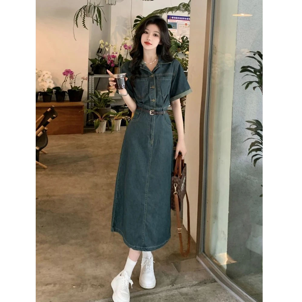 复古牛仔连衣裙女装夏季新款法式小众设计感小个子气质港风长裙子