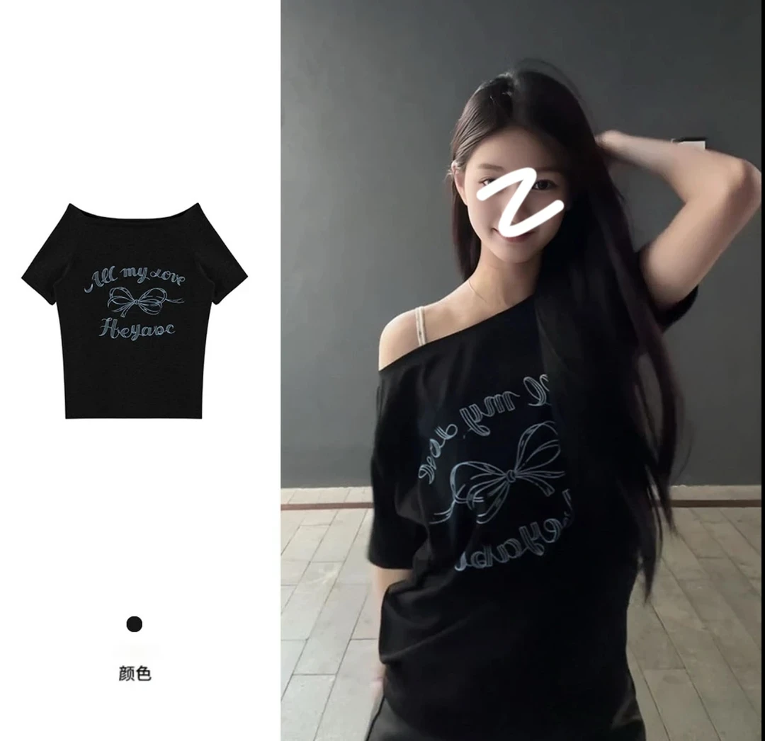 2025夏季时尚气质美式复古印花斜肩短袖宽松T恤简约百搭显瘦女.