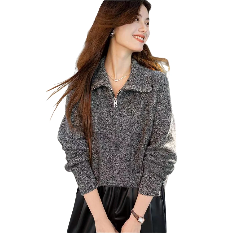 100羊绒立领拉链花纱羊绒衫