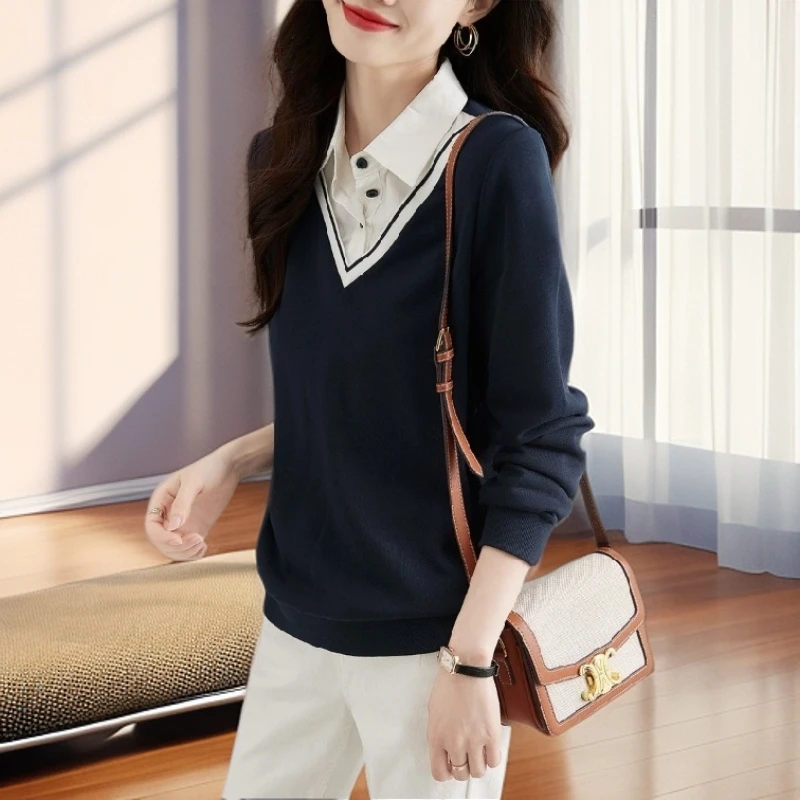 【雅岚女装】时尚洋气显瘦休闲气质百搭假两件polo领上衣女撞色拼接