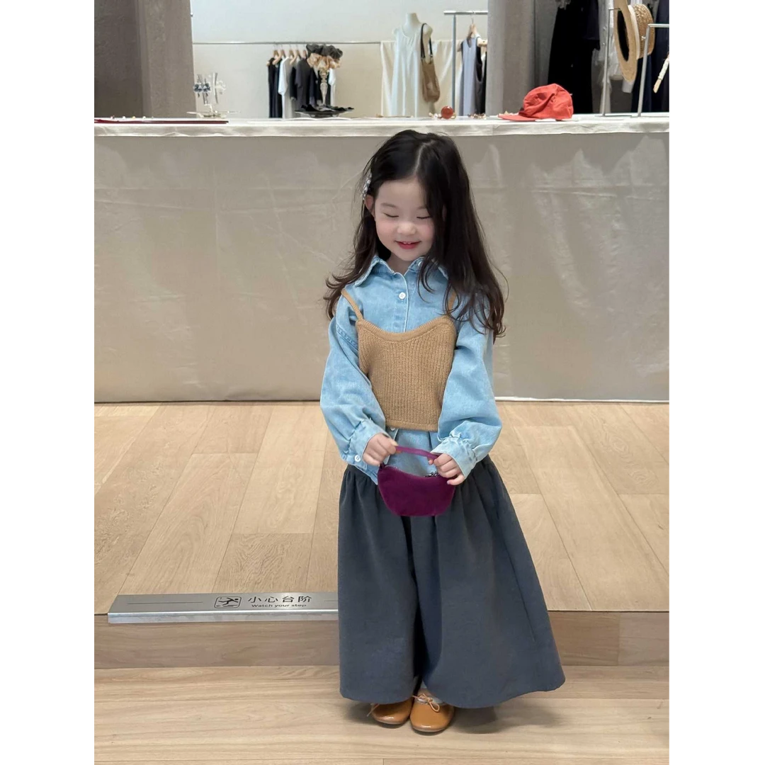 壹妈韩版童装女童早秋穿搭套装洋气儿童针织吊带牛仔衬衫阔腿裤子