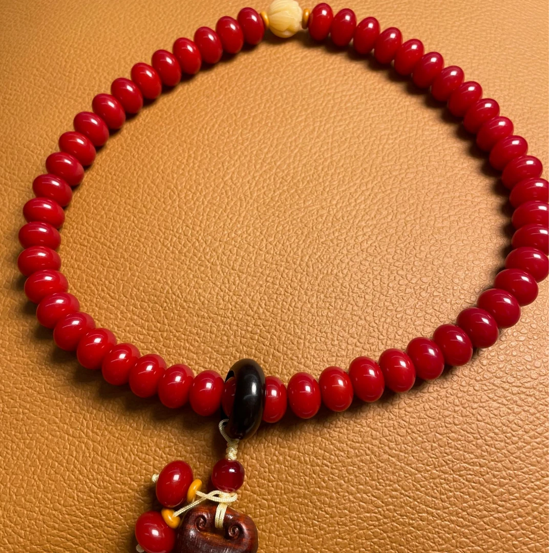【2106】8*11酒红菩提算盘珠五条经如意锁双圈手持手串