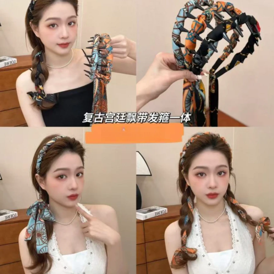 繁花飘带齿梳波浪高颅顶发箍正反两带复古宫廷发箍复古发箍-