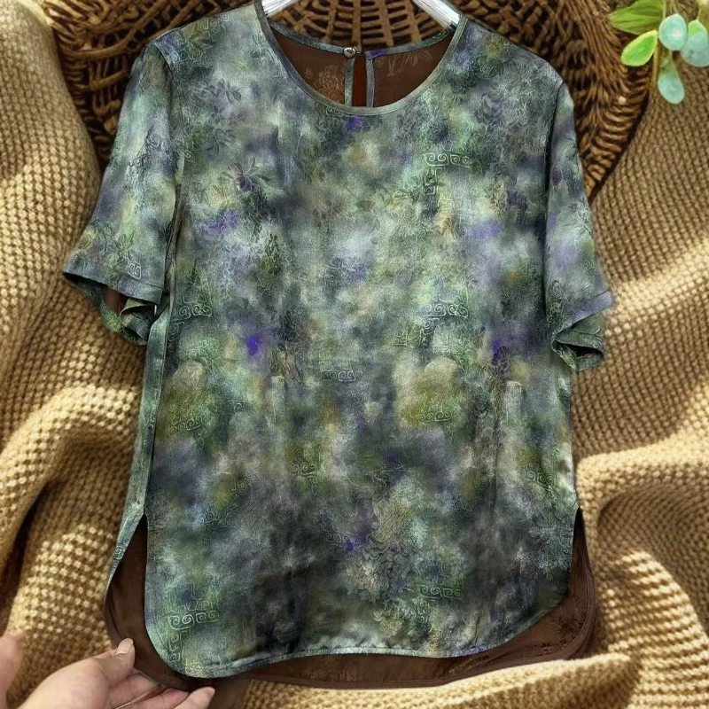 【墨韵】新中式国风老料女装夏季双面穿高级感重工花萝圆领短袖上衣