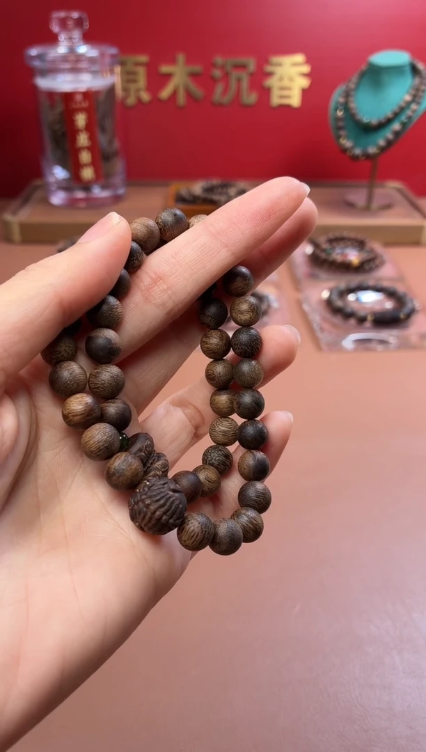 沉香手串沉水越南富森红土瘿子瘤疤08两圈设计款