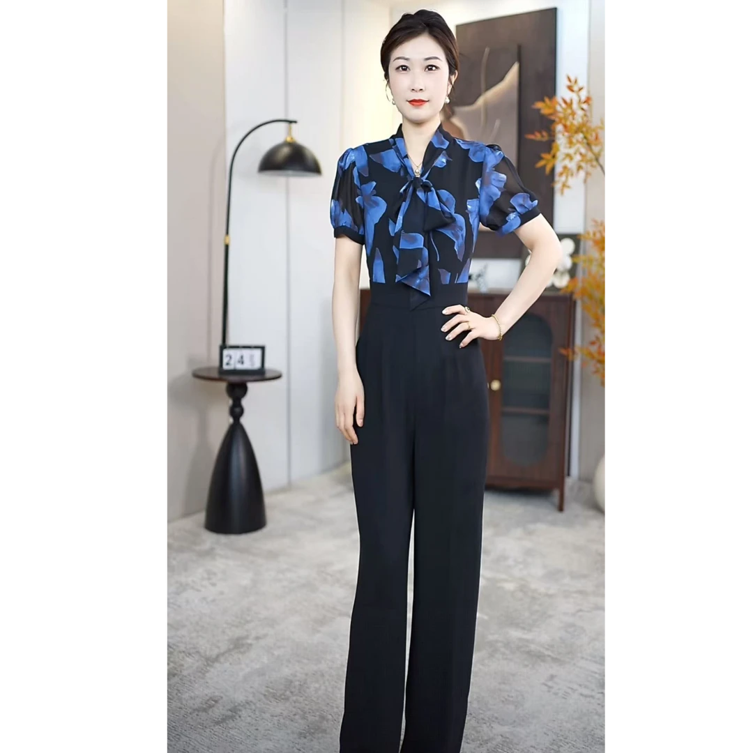 高腰连体裤原创设计女装常规直筒裤名媛印花女神范显瘦