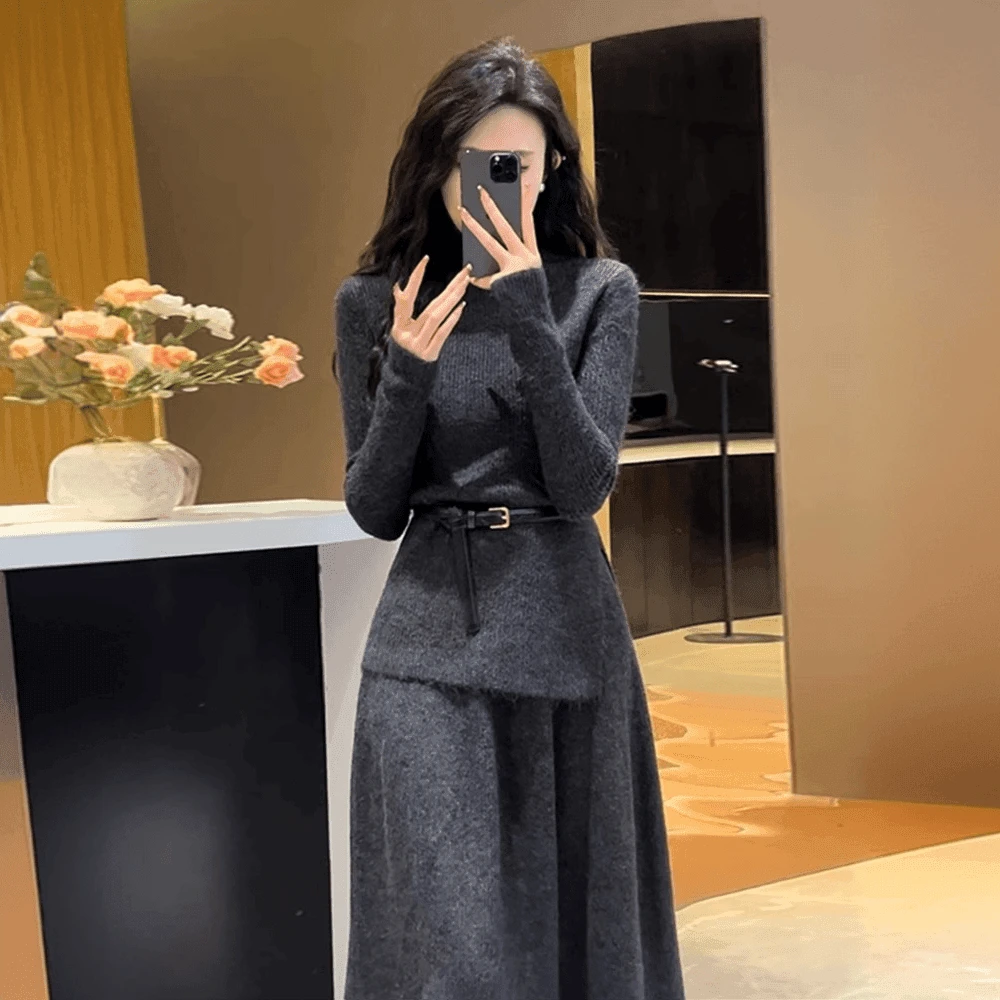 小香赫本风软糯毛衣针织衫中长款半身裙子套装两件套2025秋冬新款