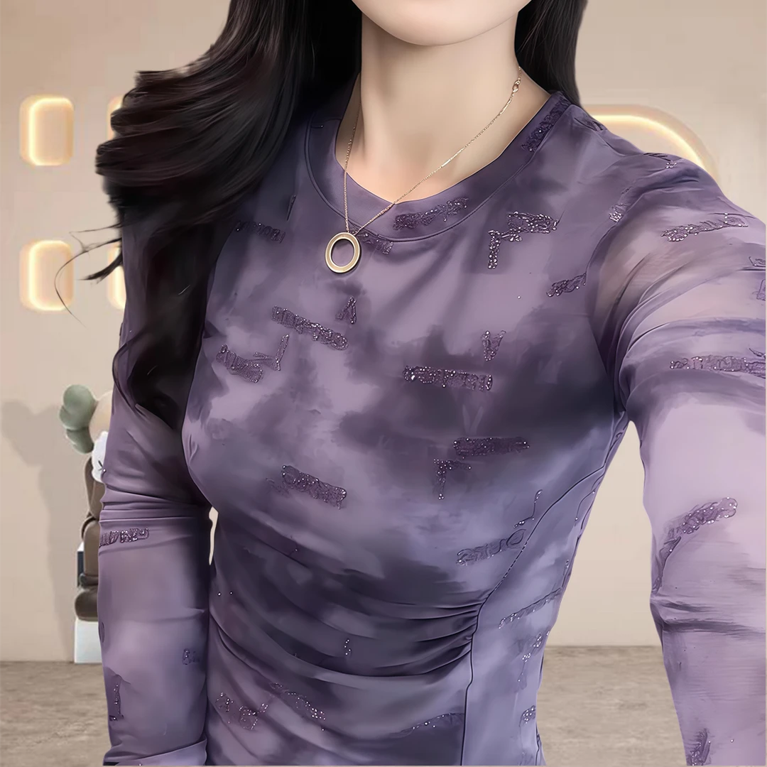 2025新款秋季扎染网纱烫钻长袖时尚百搭修身T恤网红洋气炸街女装