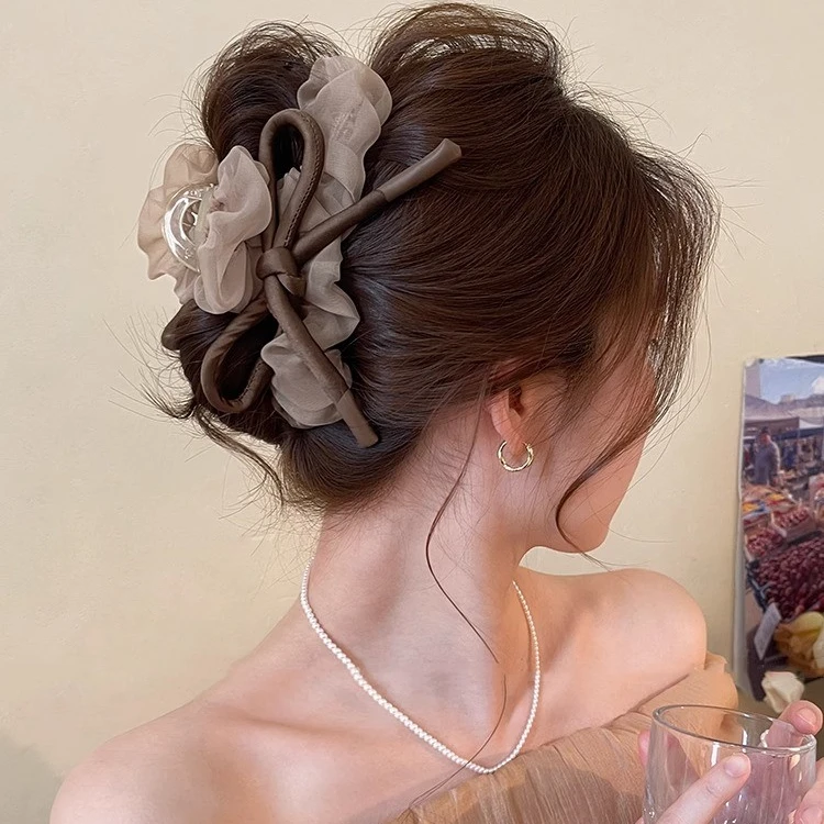 网纱蝴蝶结发夹抓夹女高级感2025新款鲨鱼夹发量大夏日后脑勺头饰