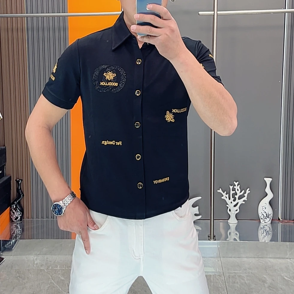 夏季薄款纽扣欧美简约刺绣Polo衫轻奢潮流修身透气印花男装T恤