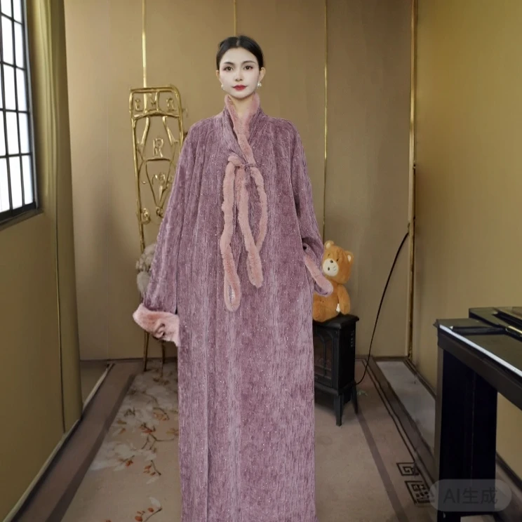 【631】毛毛满天星领带玫粉连衣裙女士打底修身显瘦连衣裙