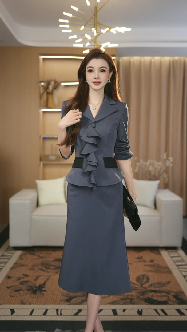 罗曼定制 原创设计灰蓝气质长袖修身秋季时尚上衣+半身裙套装