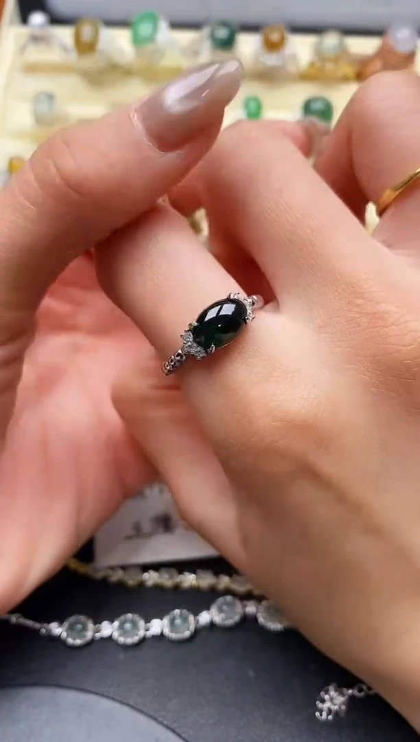 【闪购商品】翡翠戒指银S925镶嵌缅甸天然A货翡翠44  3-3