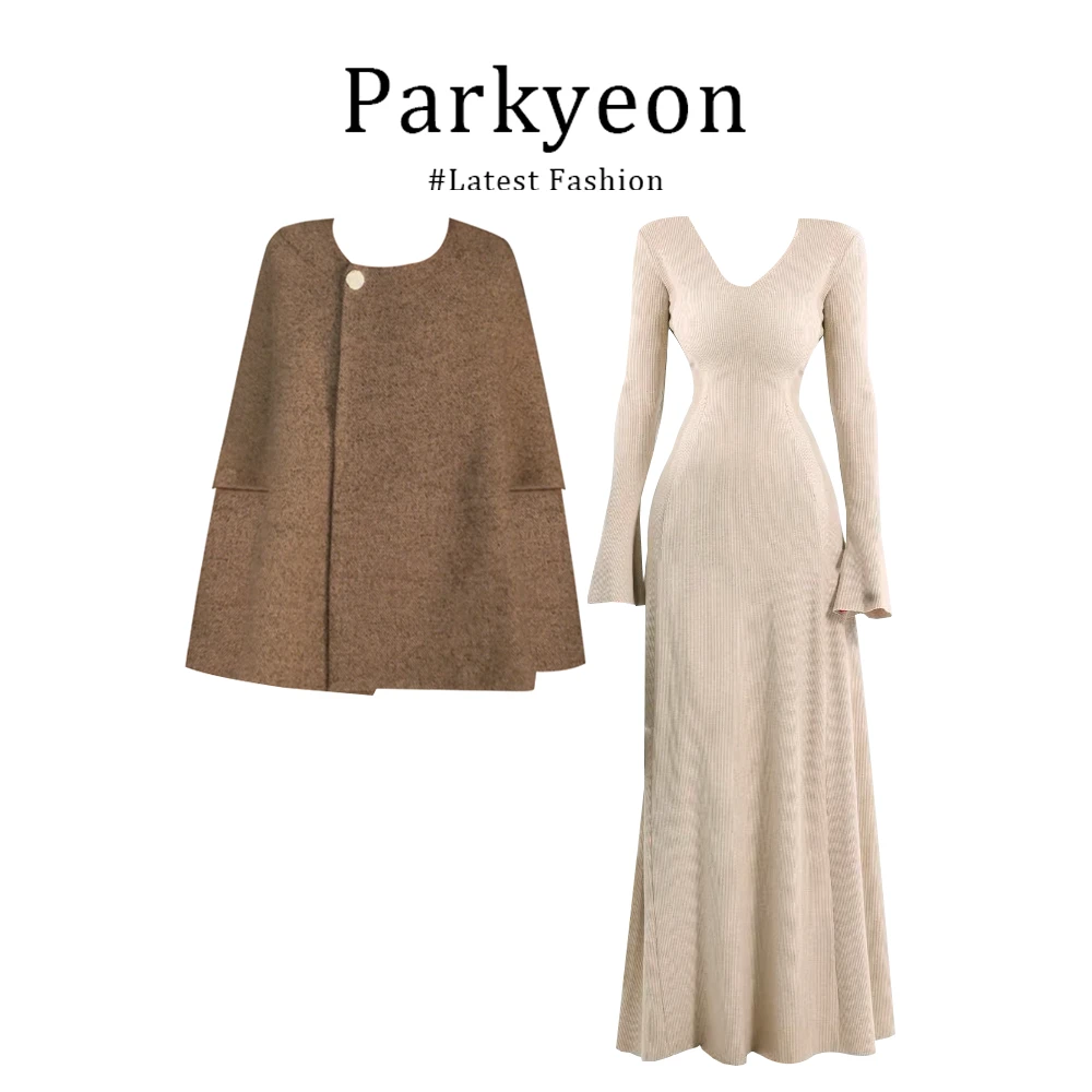 parkyeon早秋千金风高端斗篷短外套修身连衣裙套装设计感两件套女