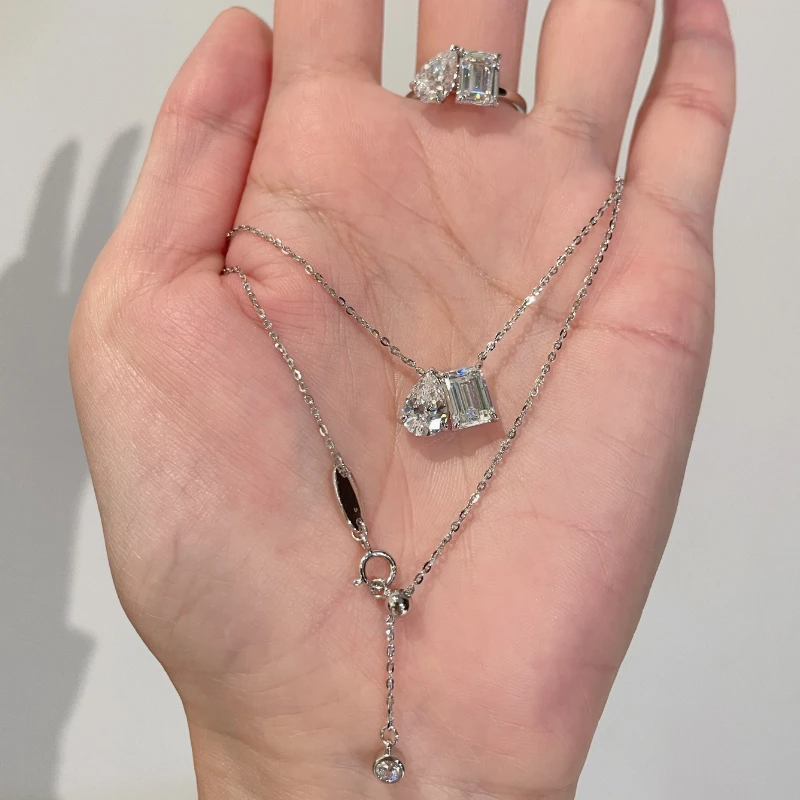 坠链均925银合成锆石 高定白金色水滴方钻套装