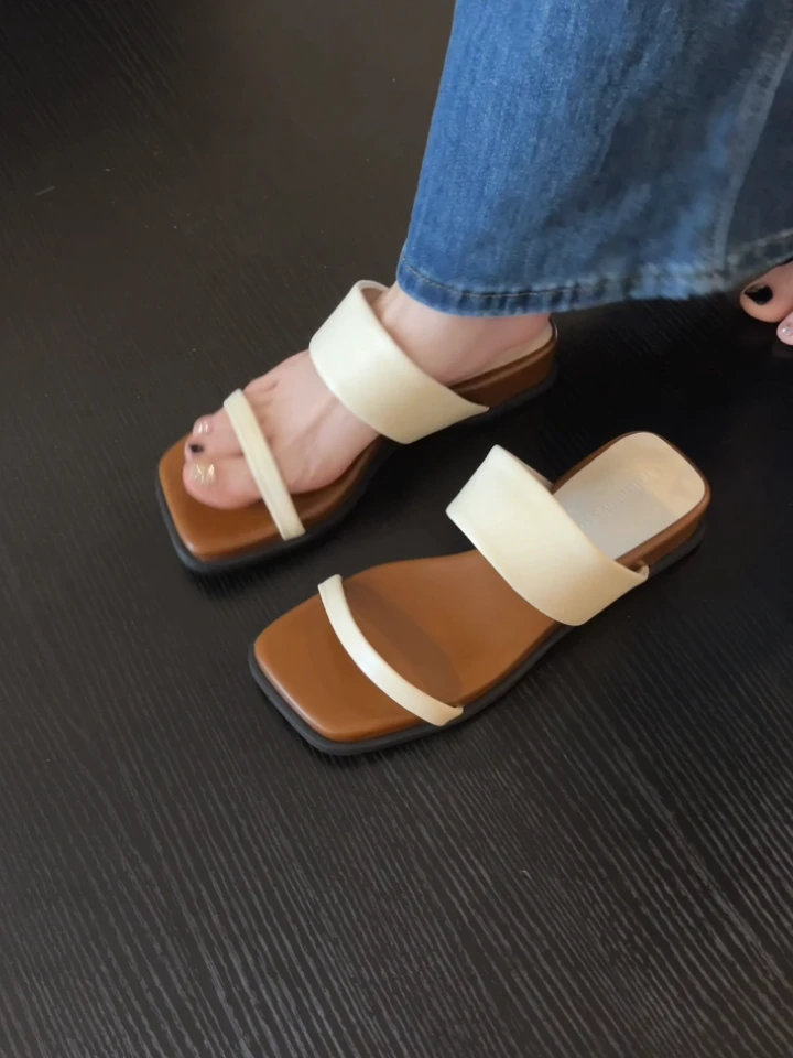 Pokoy-3.5cm法式复古方头一字带凉拖鞋新款百搭松糕底露趾凉鞋