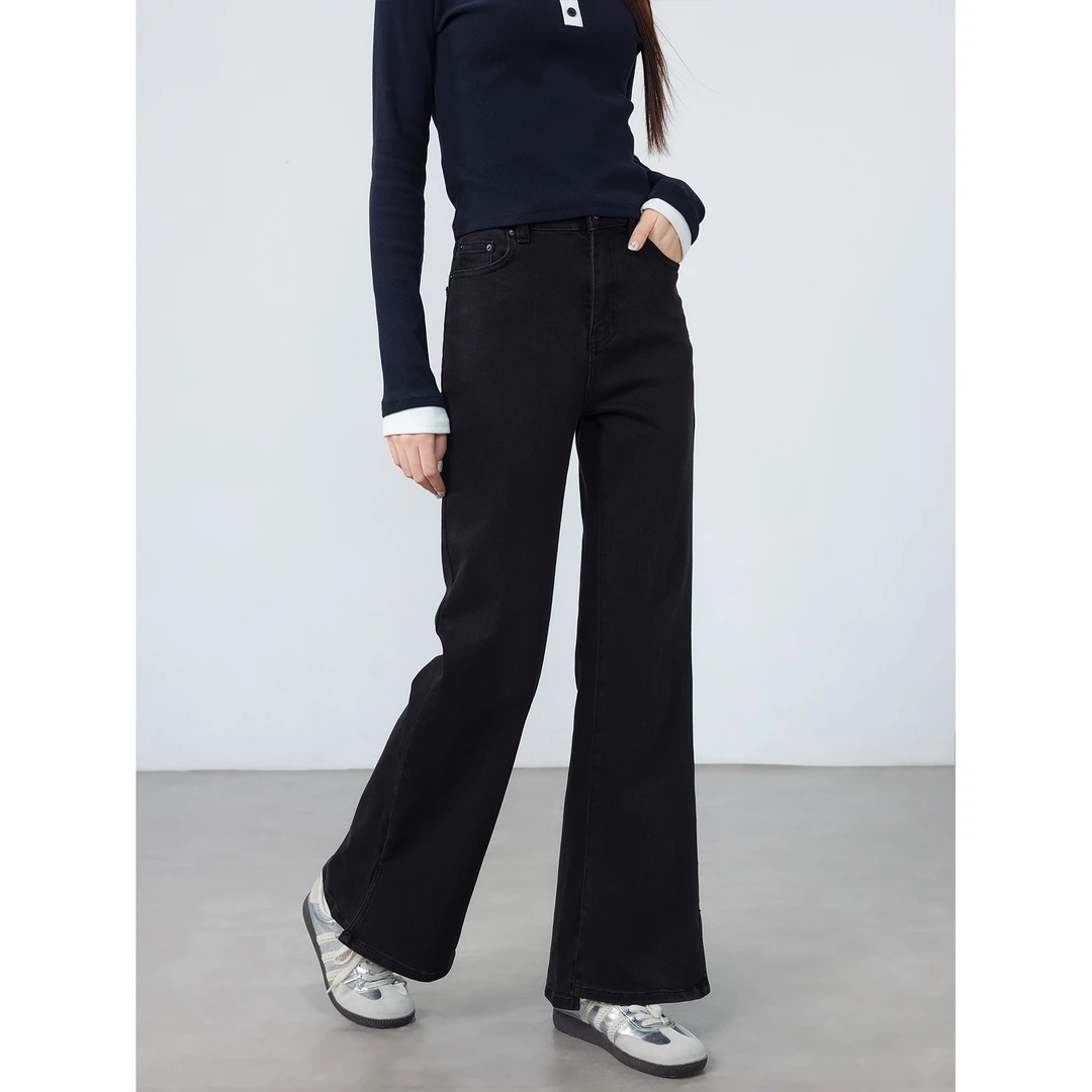 爱蔷薇大码胖mm开叉黑色微喇裤高腰牛仔裤女春装显瘦裤子GT75991