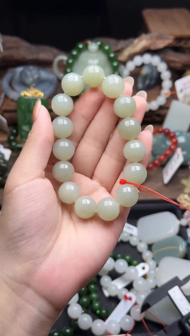 未镶嵌手串和田玉卡14且末青白 圆珠90127989012798