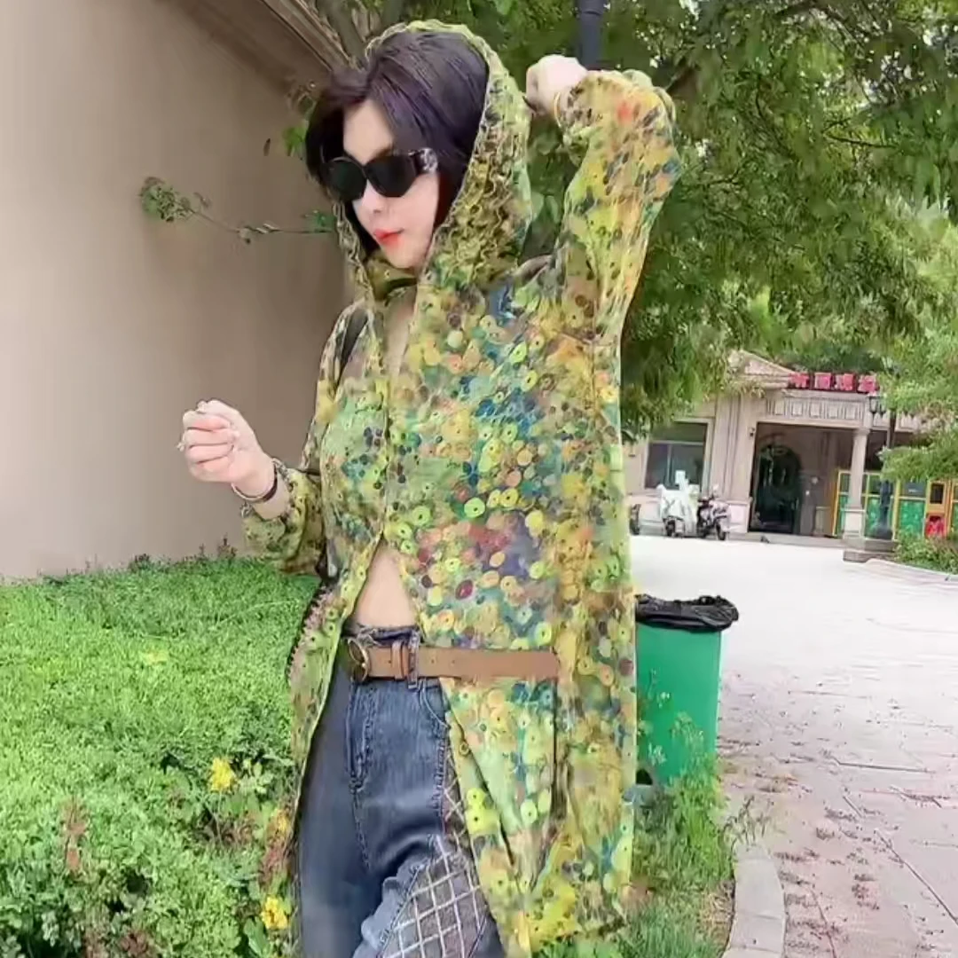 女神防晒衫潮流爆款时尚碎花休闲连帽