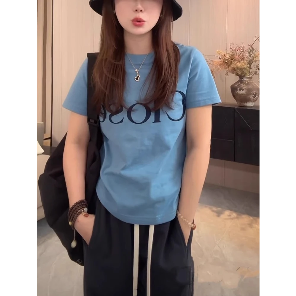 芯娇晴字母印花圆领正肩短袖T恤女2025夏季新款简约修身显瘦上衣