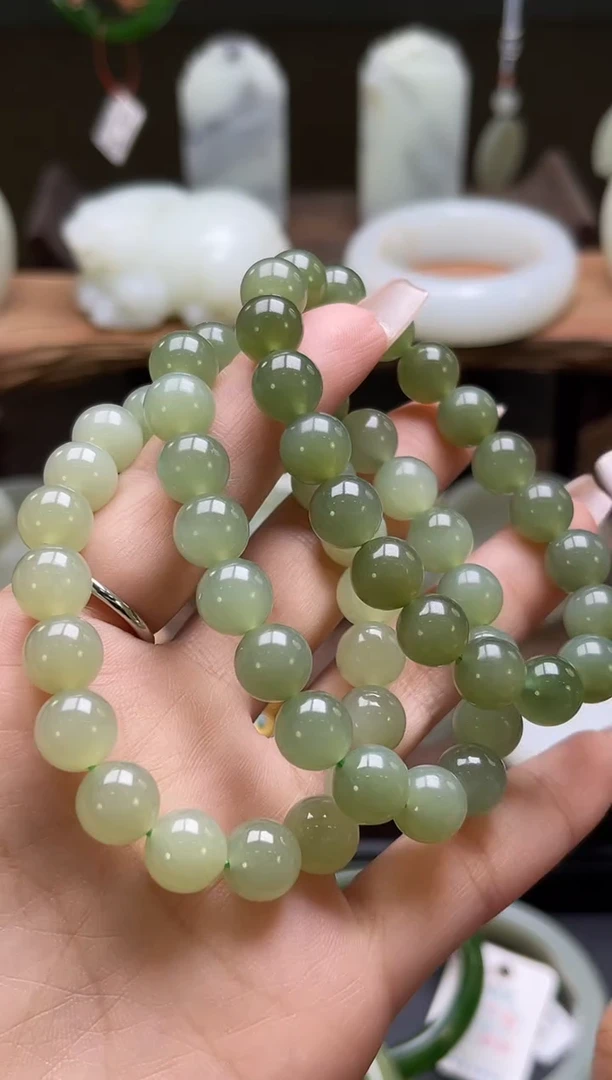【闪购商品】和田玉手串未镶嵌青海湖水绿卡10圆珠 多样性发一