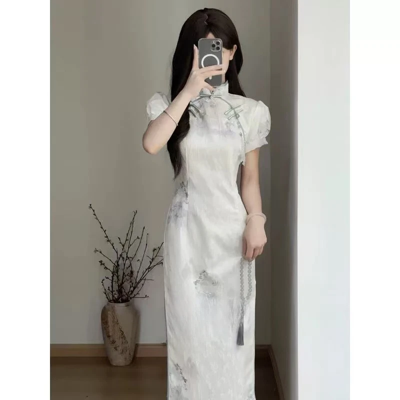 1349 米色 美玲襟花边 中长款 泡泡袖 旗袍