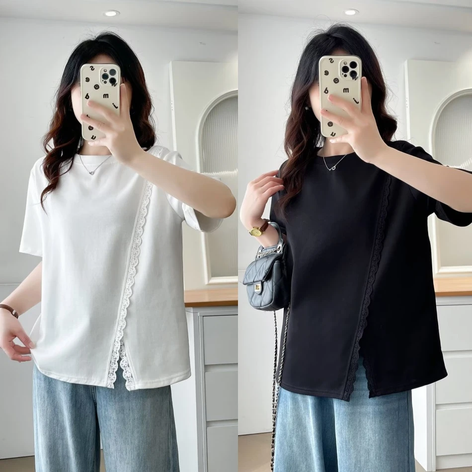 大码胖mm洋气设计感蕾丝拼接下摆开叉T恤女夏季新款遮肉显瘦上衣