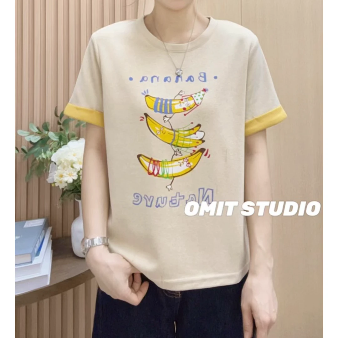 【香蕉T】新款正肩双色双面印花韩版常规短袖