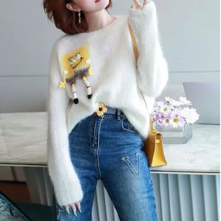【软糯海绵】马海毛海绵宝宝提花刺绣羊毛混纺软糯毛衣女.Y8224