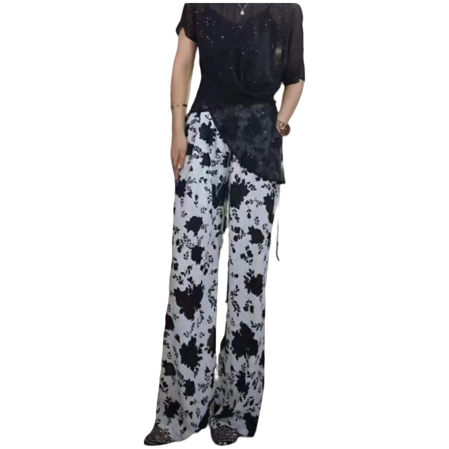 女装夏季时尚休闲清凉透气显瘦中高腰梭织料花色直筒裤长裤ML+598