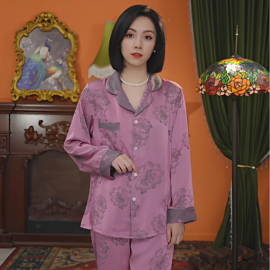 达芬奇密码2025新款烟笼牡丹长袖优雅印花时尚高定睡衣女士家居服