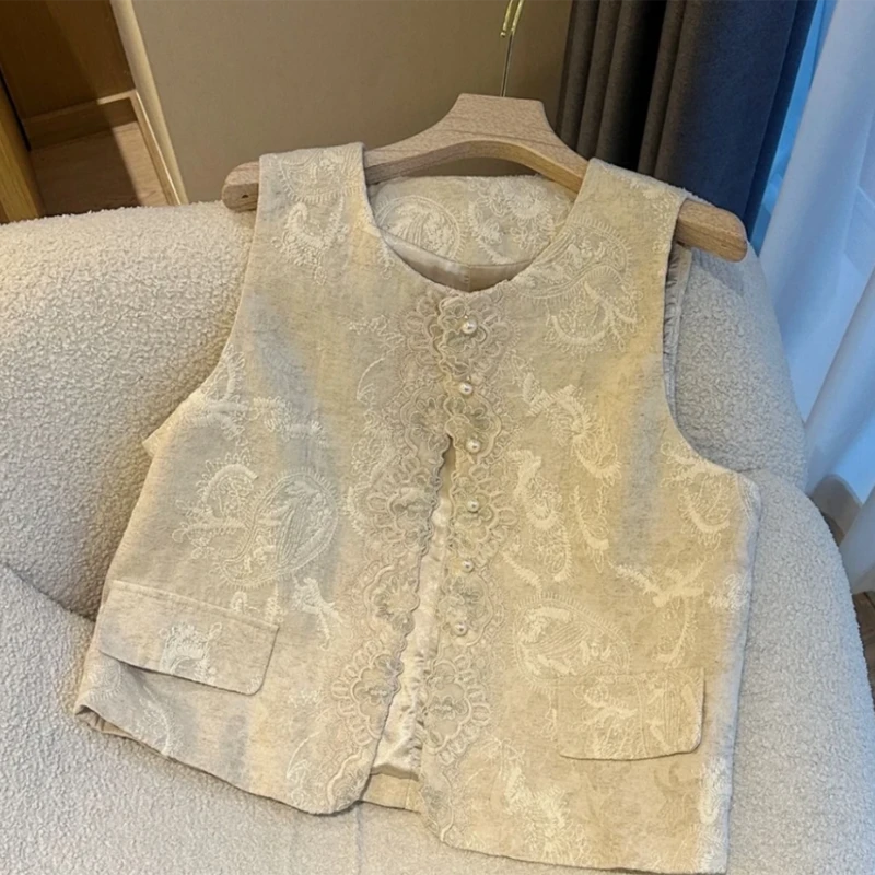 新中式2025早秋新款蕾丝拼接珍珠坎肩轻奢刺绣国风马甲女 38661