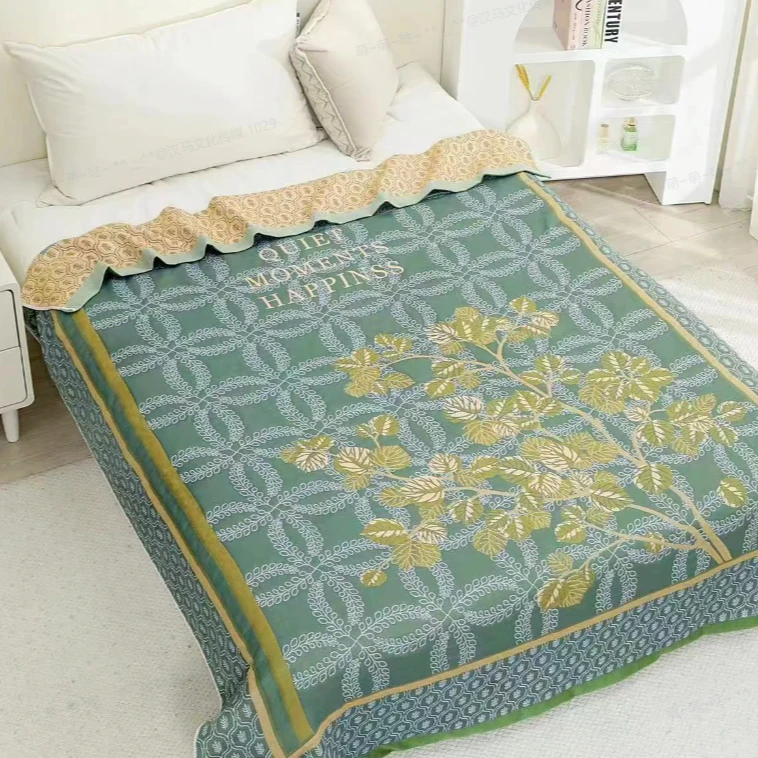 纯棉纱布盖毯--绿色发财树透气冷感柔软细纱布毯单人家用高级感毯