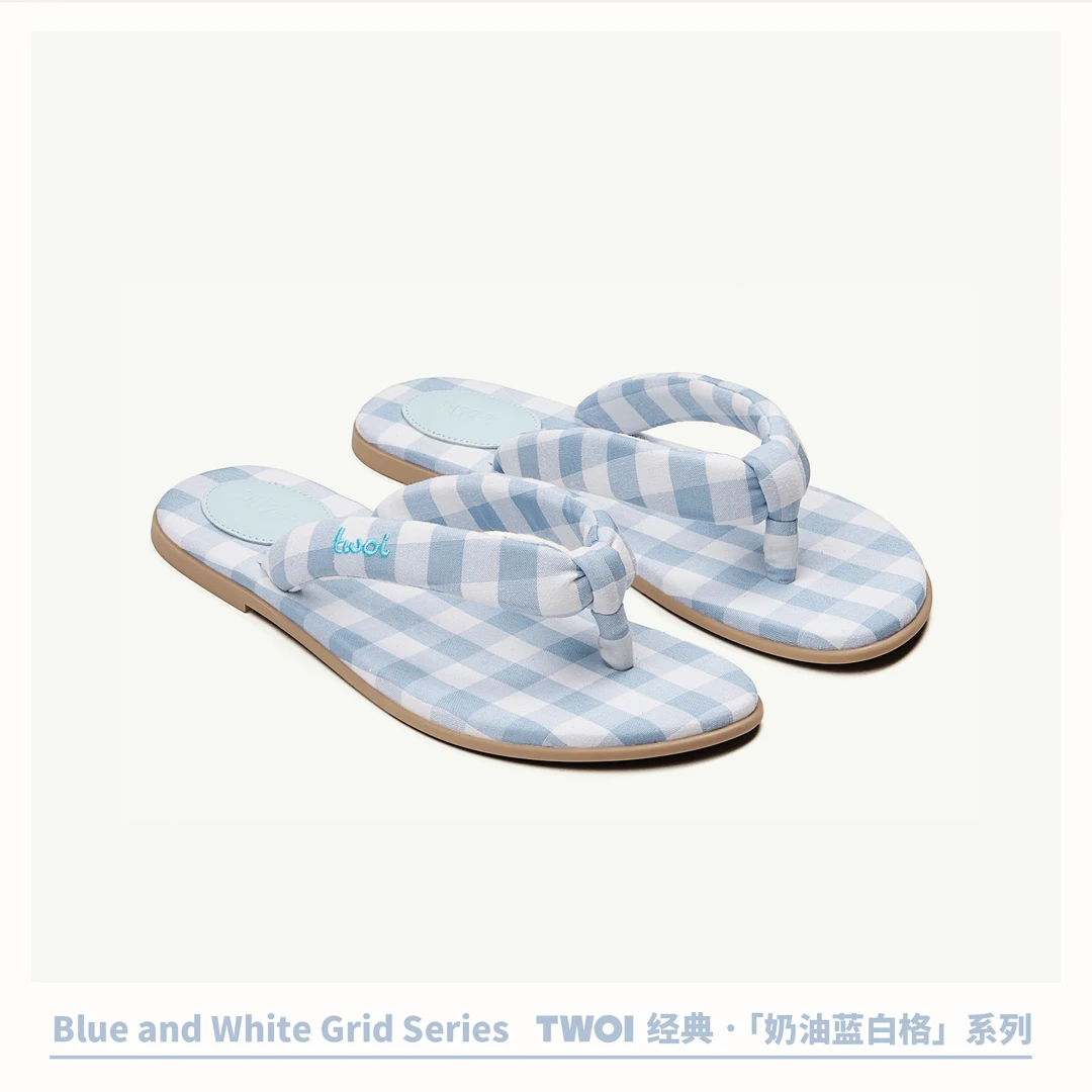 TWOI Design Lab "经典·奶油蓝白格系列"「奶油蓝白格人字拖鞋」