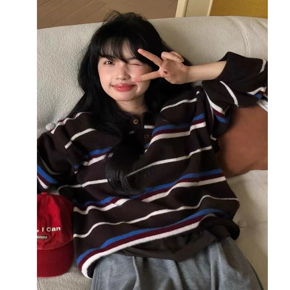 法式艺术范羊毛混纺秋新款长袖polo领休闲撞色条纹针织衫复古毛衣