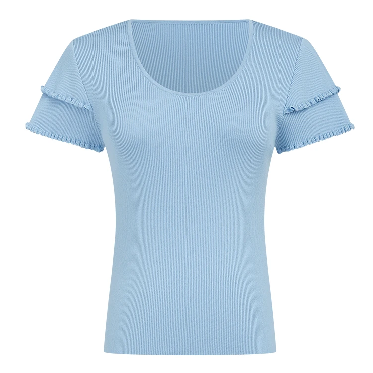 曼德诗修身针织T恤夏季新款纯色木耳边套头衫女M733110005