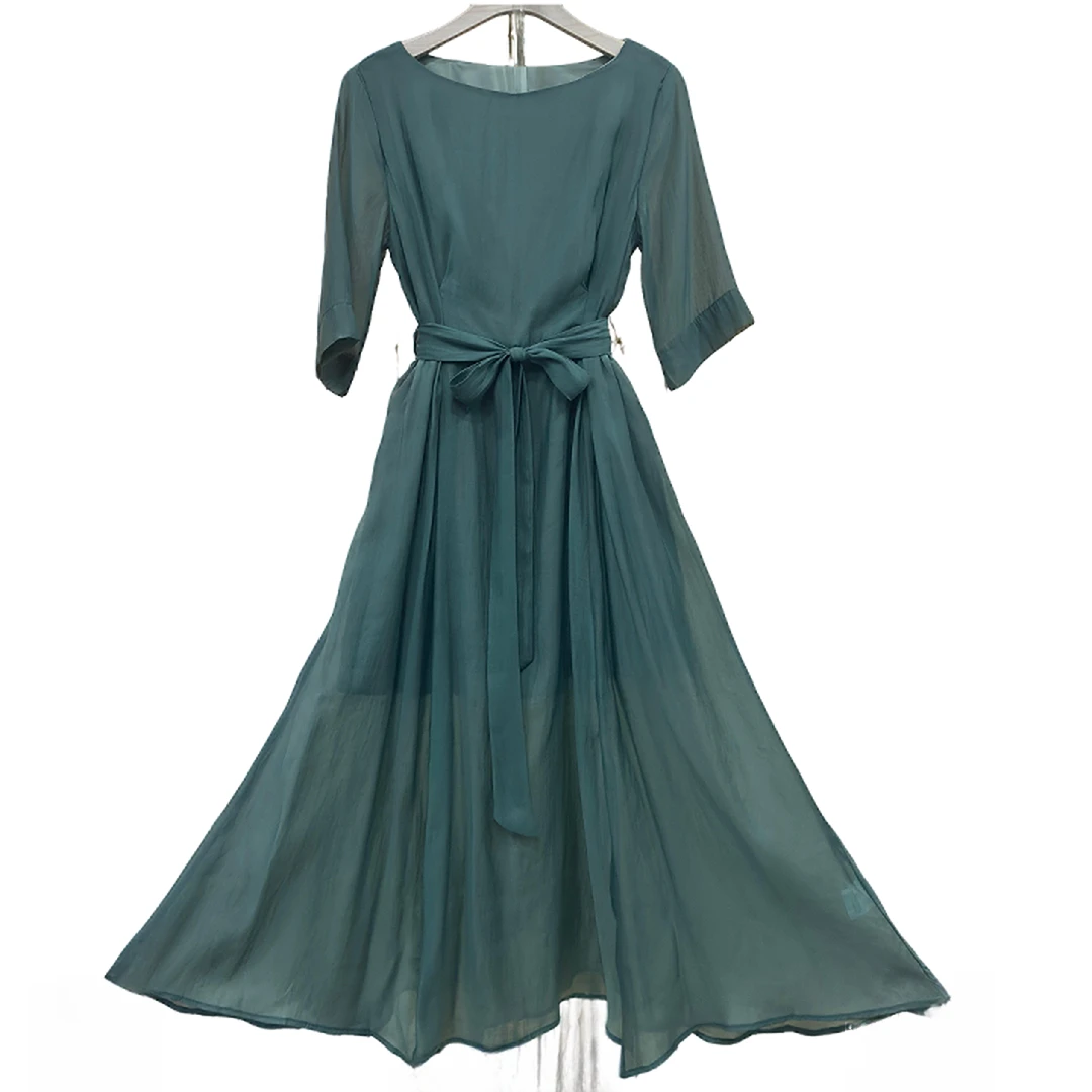 现货【RG562】夏季显瘦气质女装连衣裙轻奢时尚绿色法式收腰简约