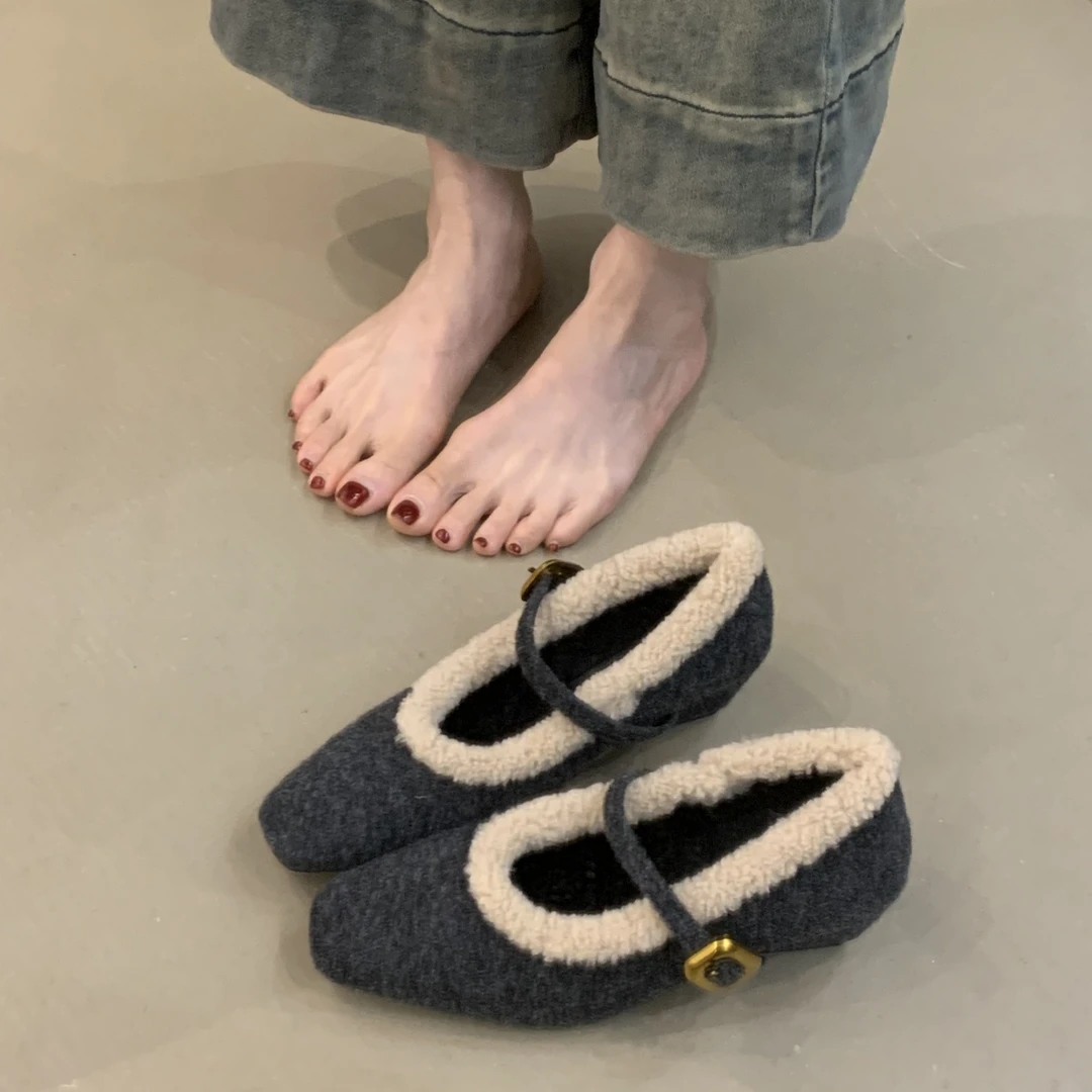 MKK-T100-16法式玛丽珍鞋女2025冬季毛呢灰色羊羔毛一字扣棉鞋
