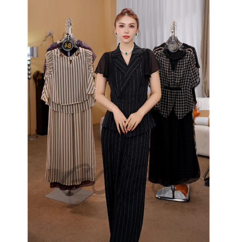 G6830时尚气质套装西装领条纹女2025夏季新款高端精致显瘦两件套