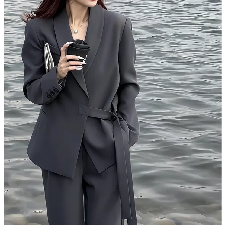 韩系时尚春秋复古宽松西服高级感休闲气质显瘦西装外套阔腿裤套装