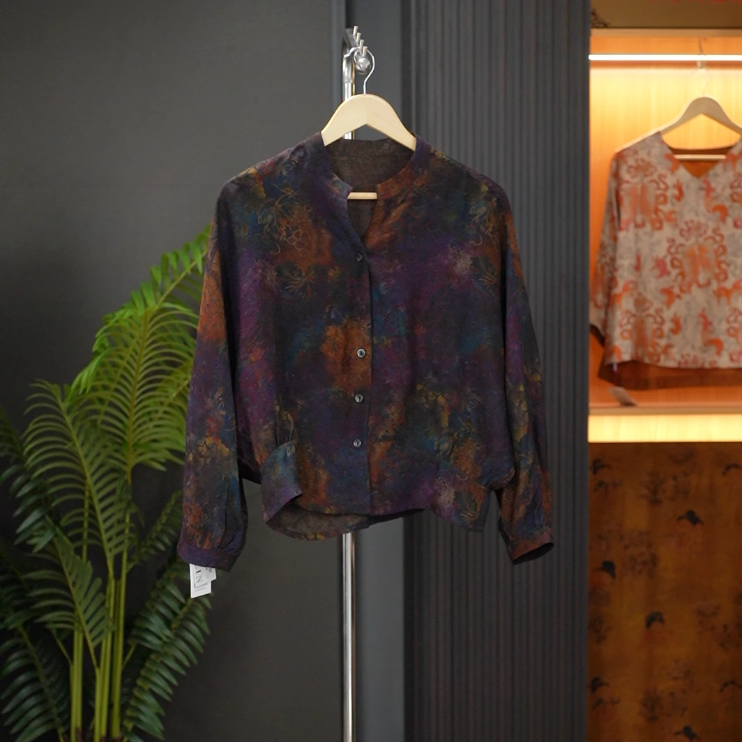 【飞花飘絮】高定新中式国风香云纱冠乐皱提花不规则秋季长袖小上衣